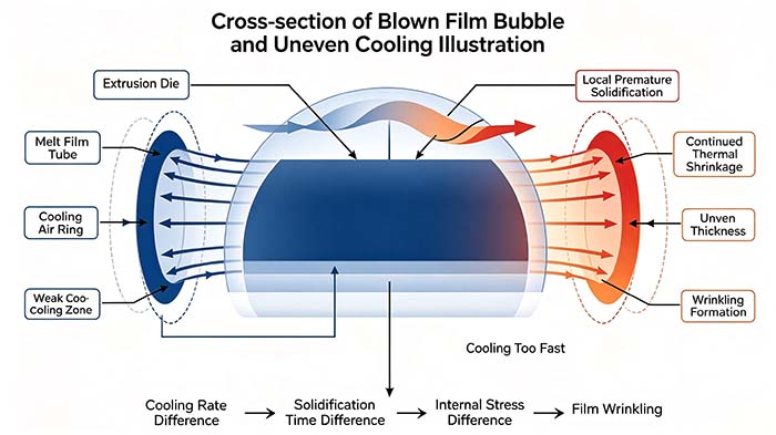 Diagram showing uneven cooling around blown film bubble causing differential shrinkage and wrinkle formation during film production